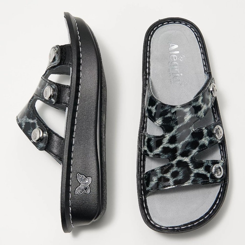 NWT Alegria Leather Slip-On Sandals SNOW LEOPARD Strap Detail - Dinah SIZE 7